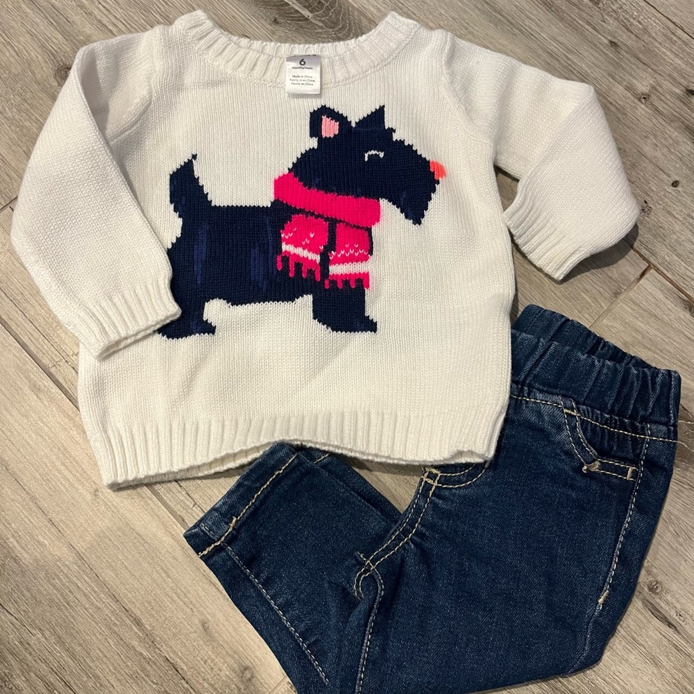 Carter's White Sweater with Dog Design and Blue Jeans Set